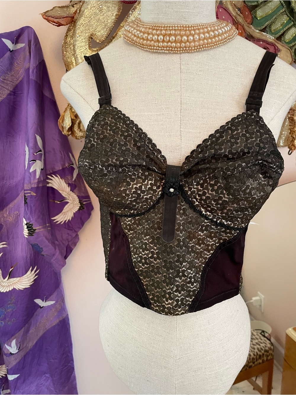 Black Floral Lace Vtg Longline Bustier - Exquisite Form 1950s Size 36 JustA Just